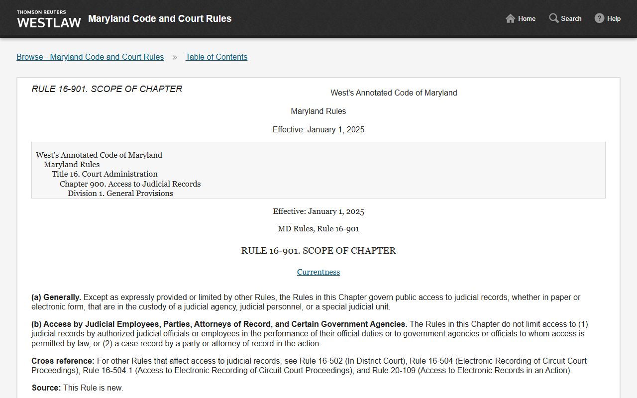 Calvert County Clerk of the Circuit Court Rule 16-901 judicial records