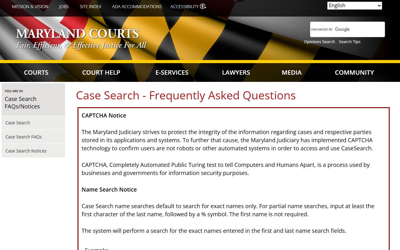 Calvert County court records Case Search FAQ