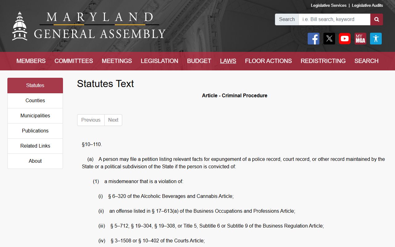 Calvert County criminal court records expungement of certain convictions
