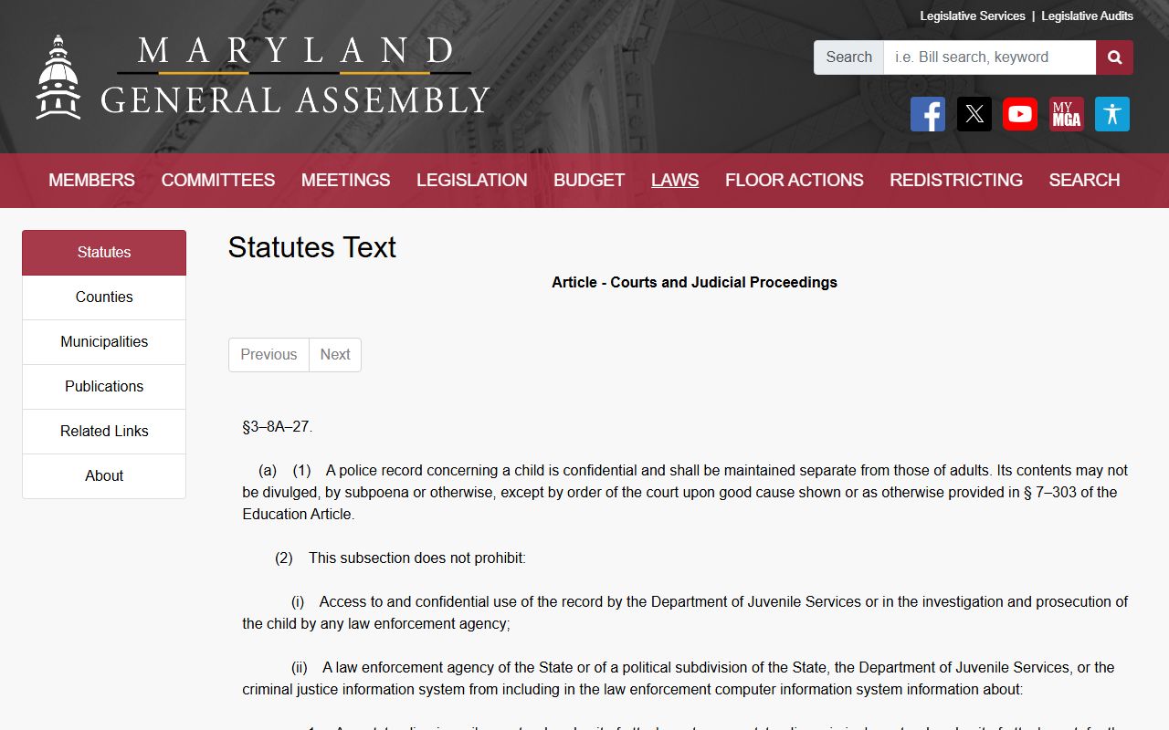 Calvert County Circuit Court juvenile records confidentiality statute