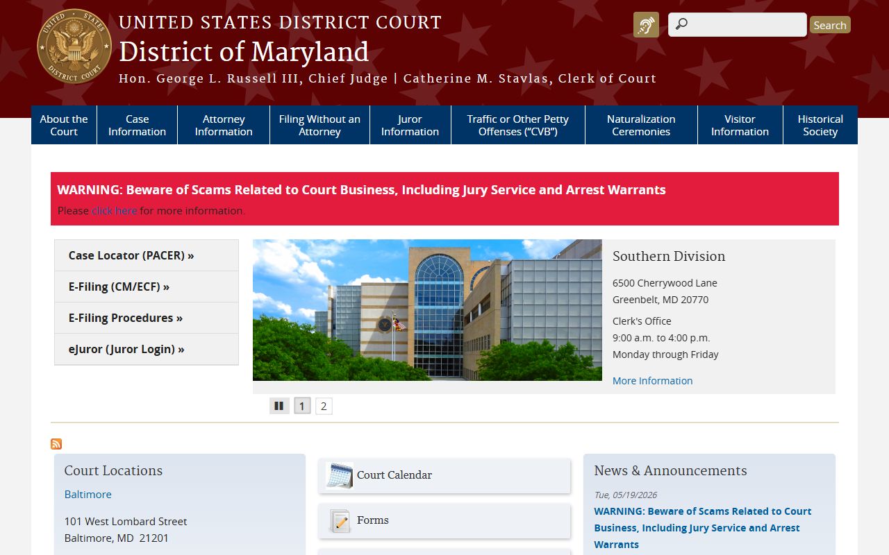 Calvert County Circuit Court records and U.S. District Court comparison