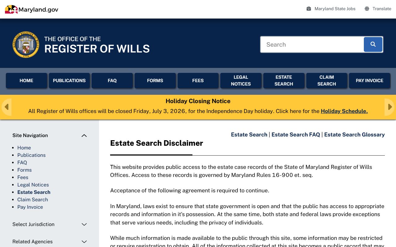 Calvert County Court probate records and Maryland Estate Search