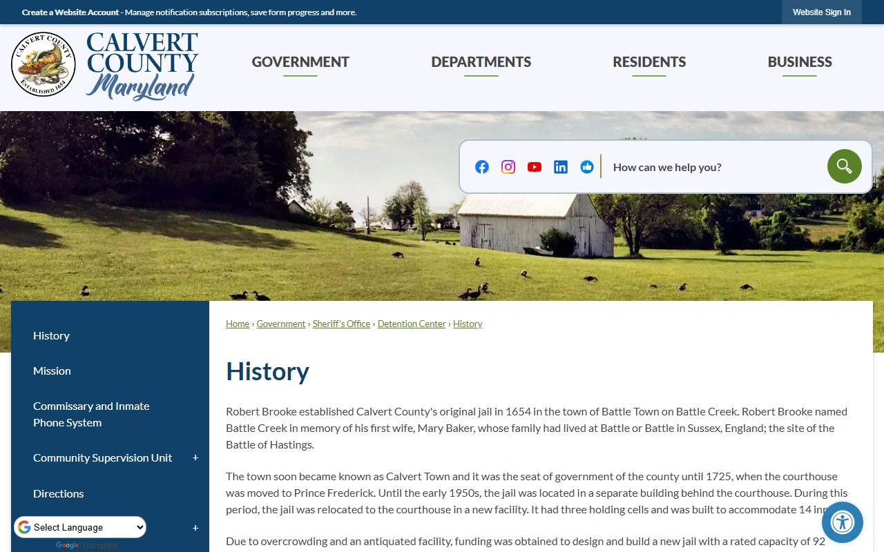 Calvert County inmate records Detention Center history source