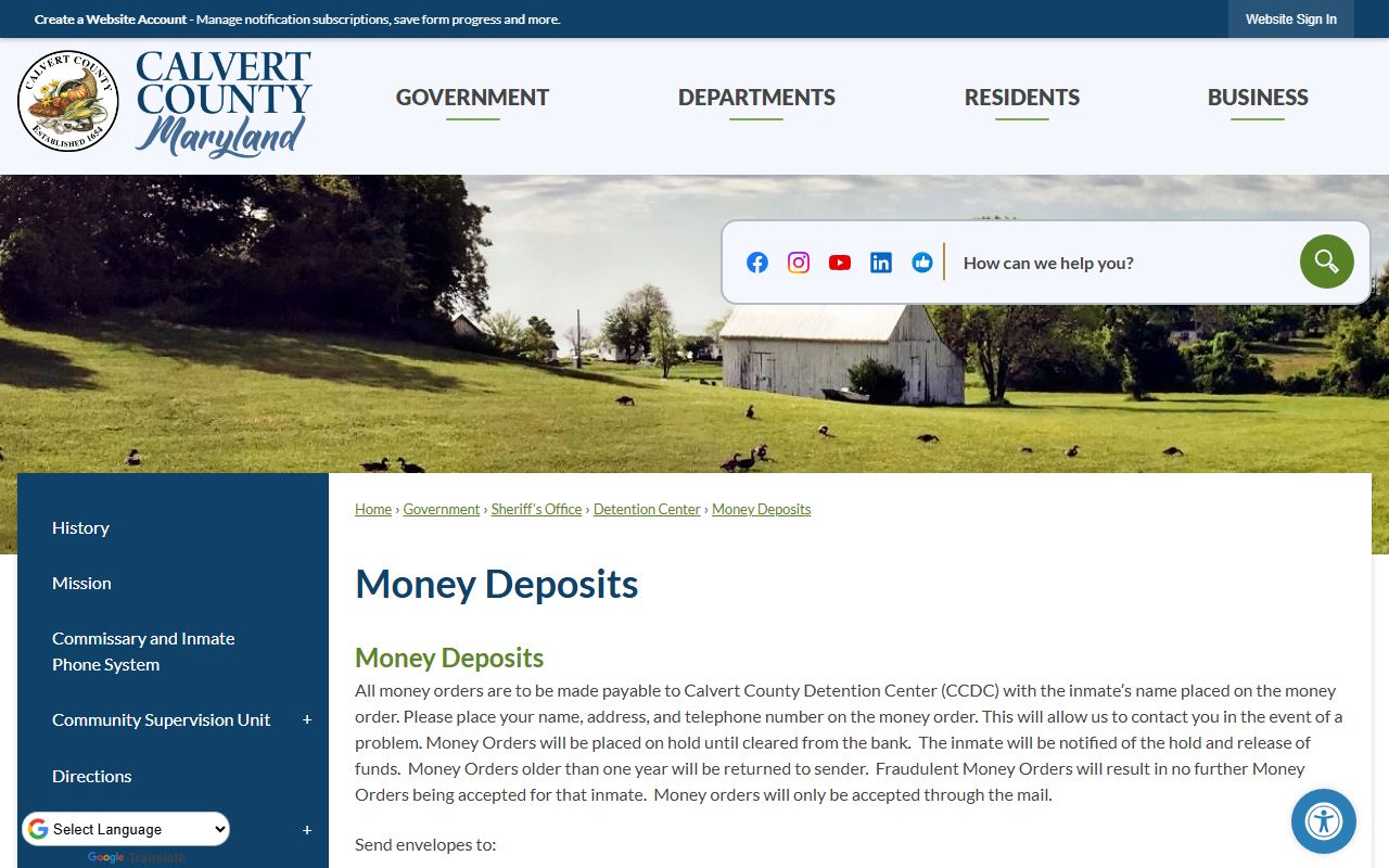 Calvert County inmate money deposits