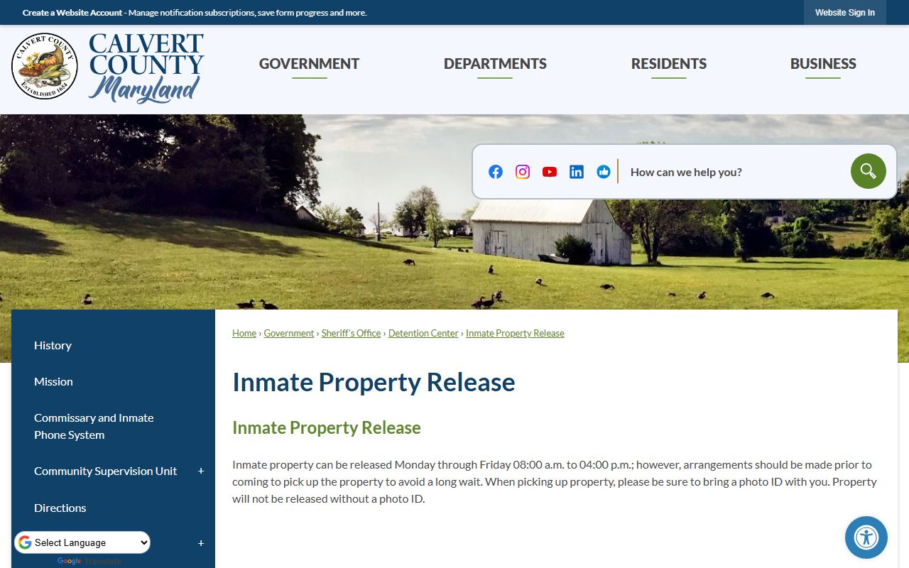 Calvert County inmate property release rules