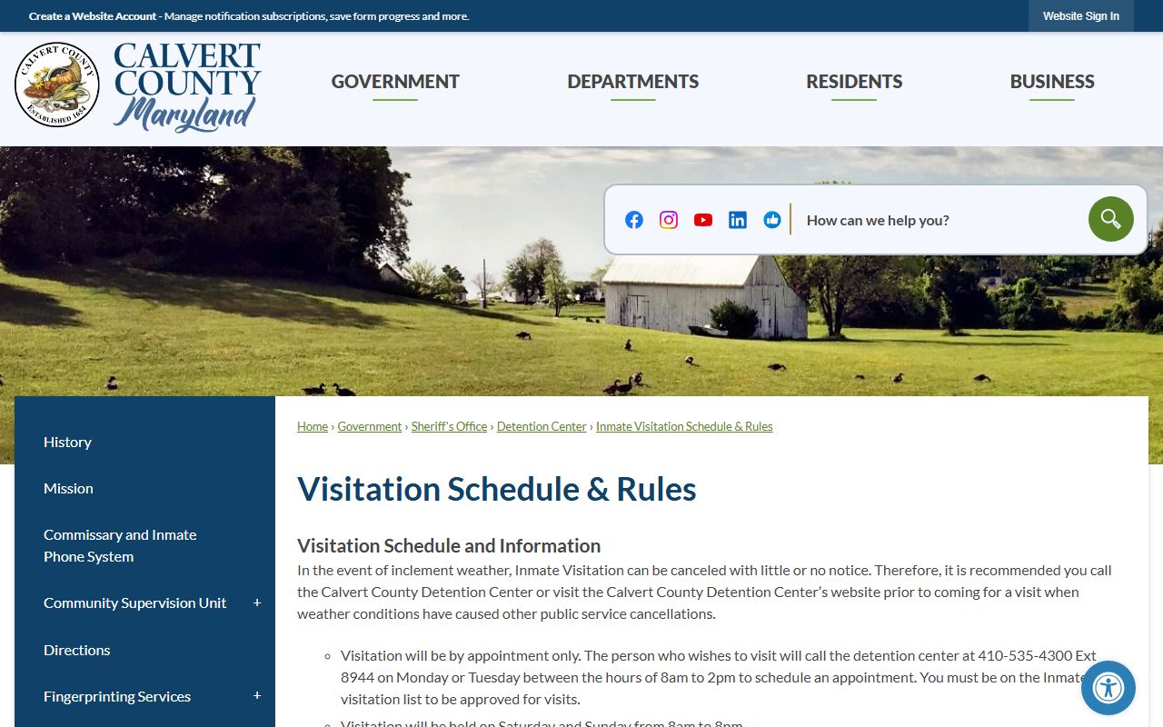 Calvert County inmate visitation schedule and rules