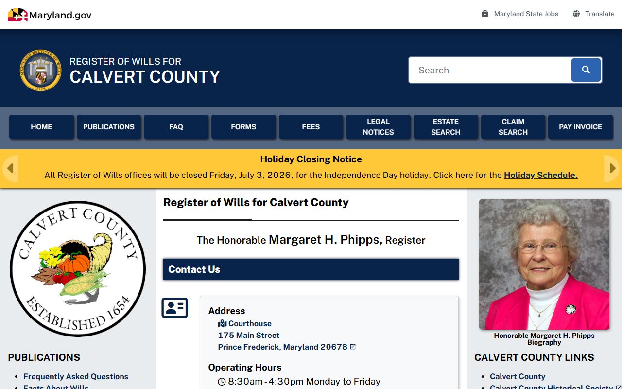 Calvert County probate records Register of Wills office
