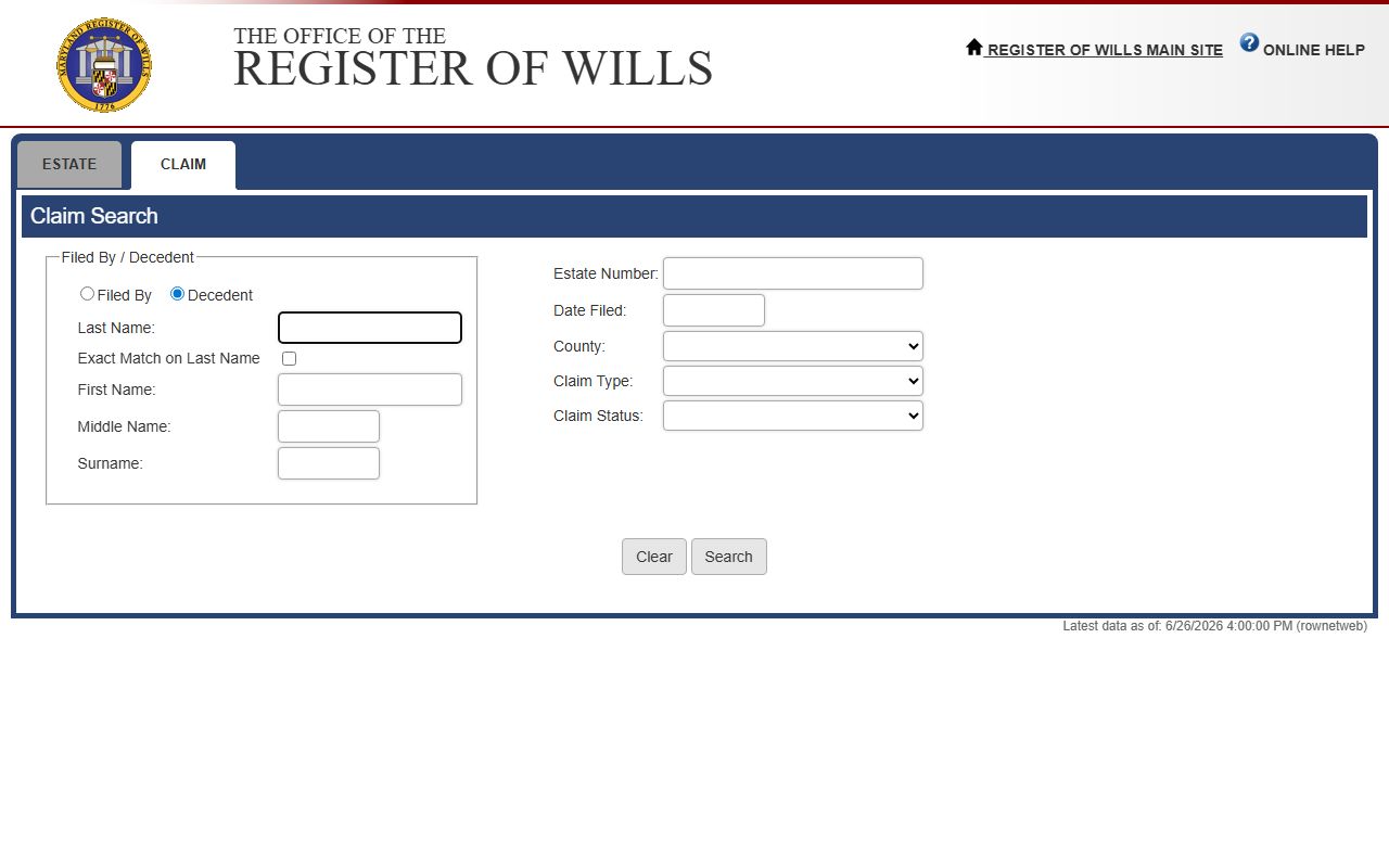 Calvert County probate records estate claim search form