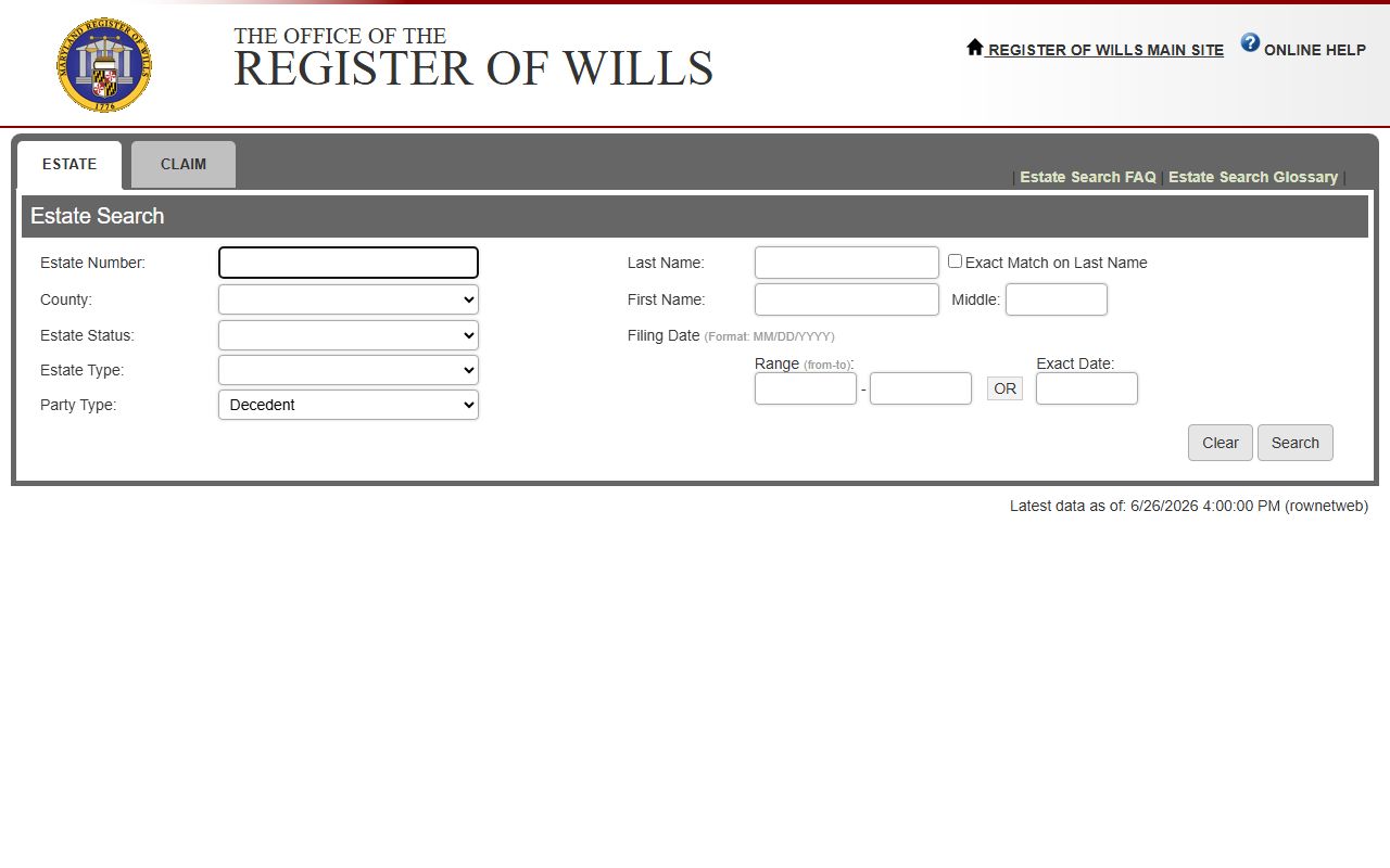Calvert County probate records EstateSearch form