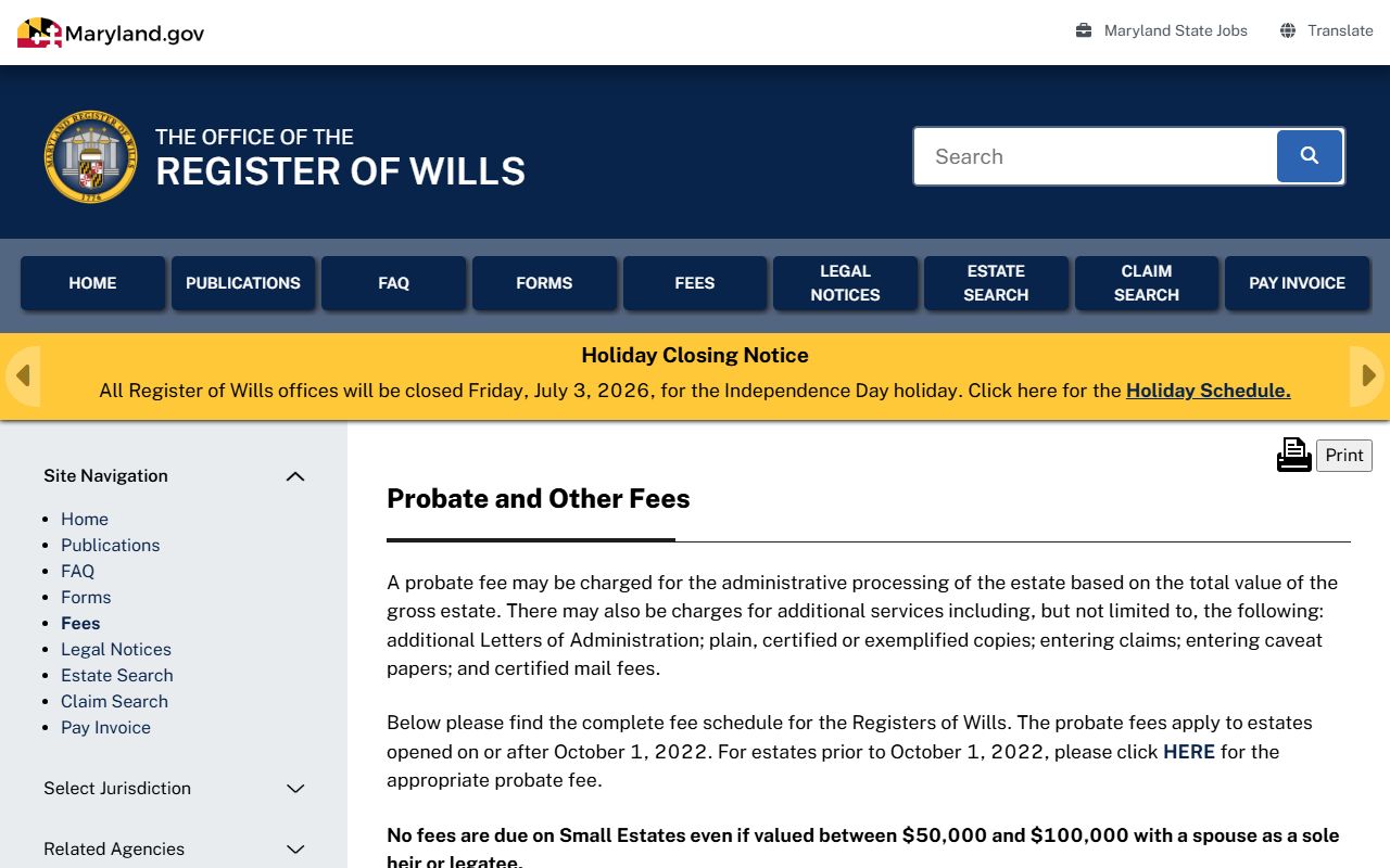 Calvert County probate records Register of Wills fee schedule