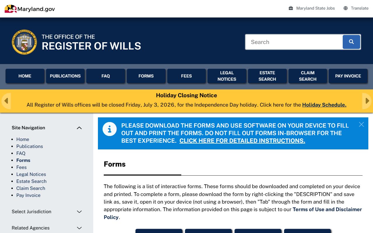 Calvert County probate records Register of Wills forms