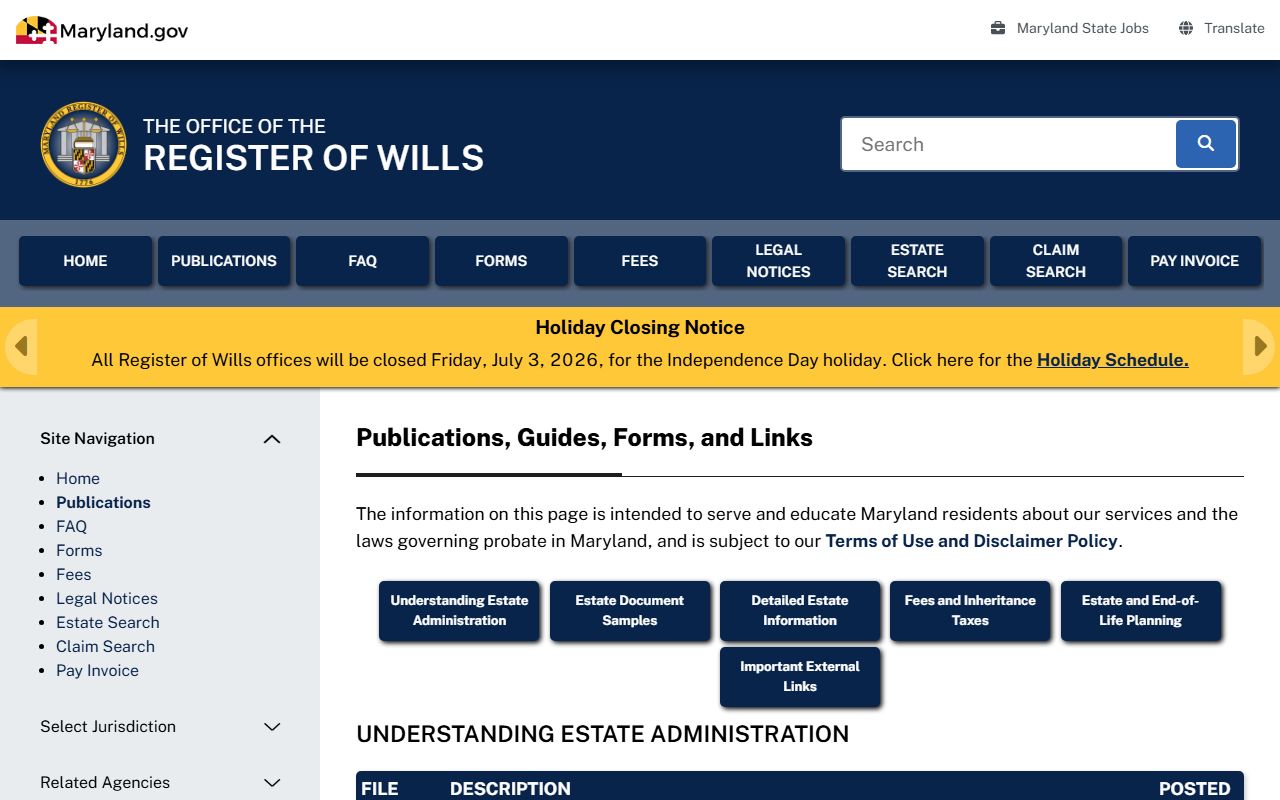 Calvert County probate records Register of Wills publications
