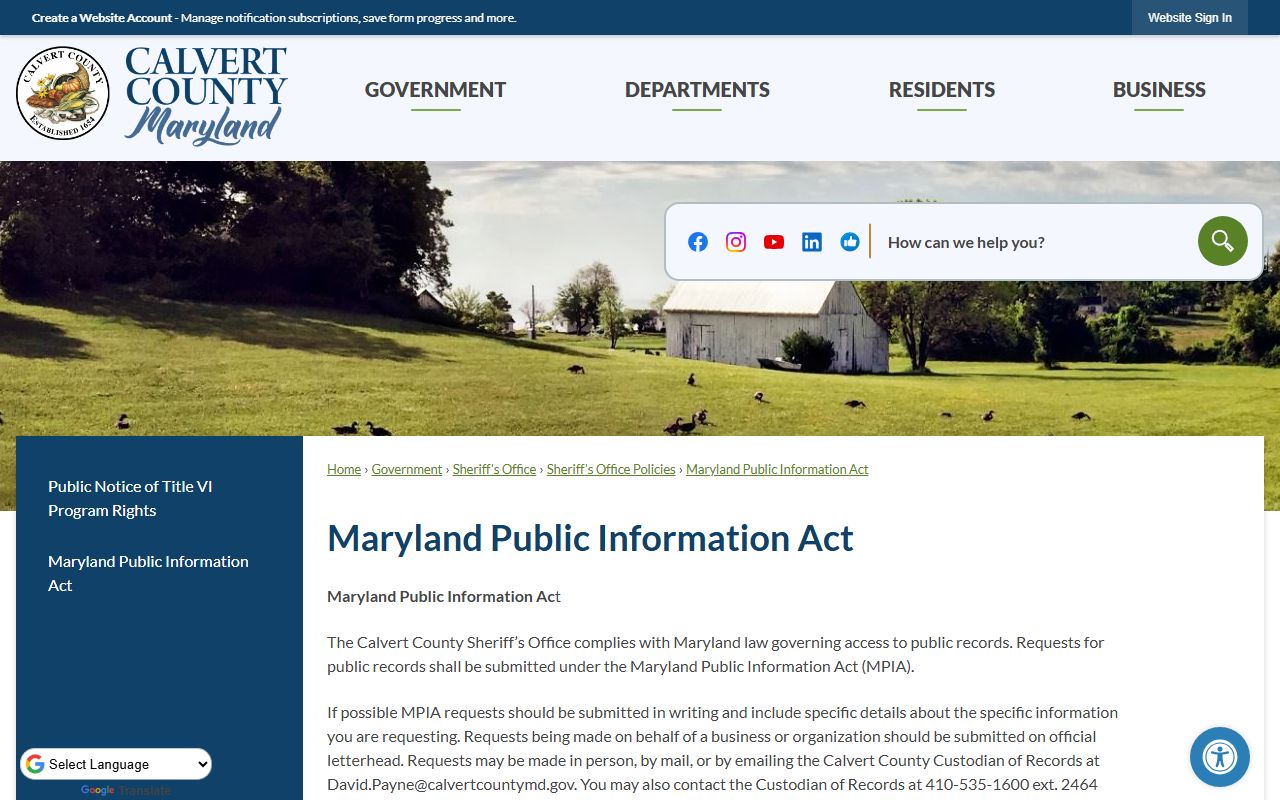 Calvert County traffic court records Sheriff MPIA requests
