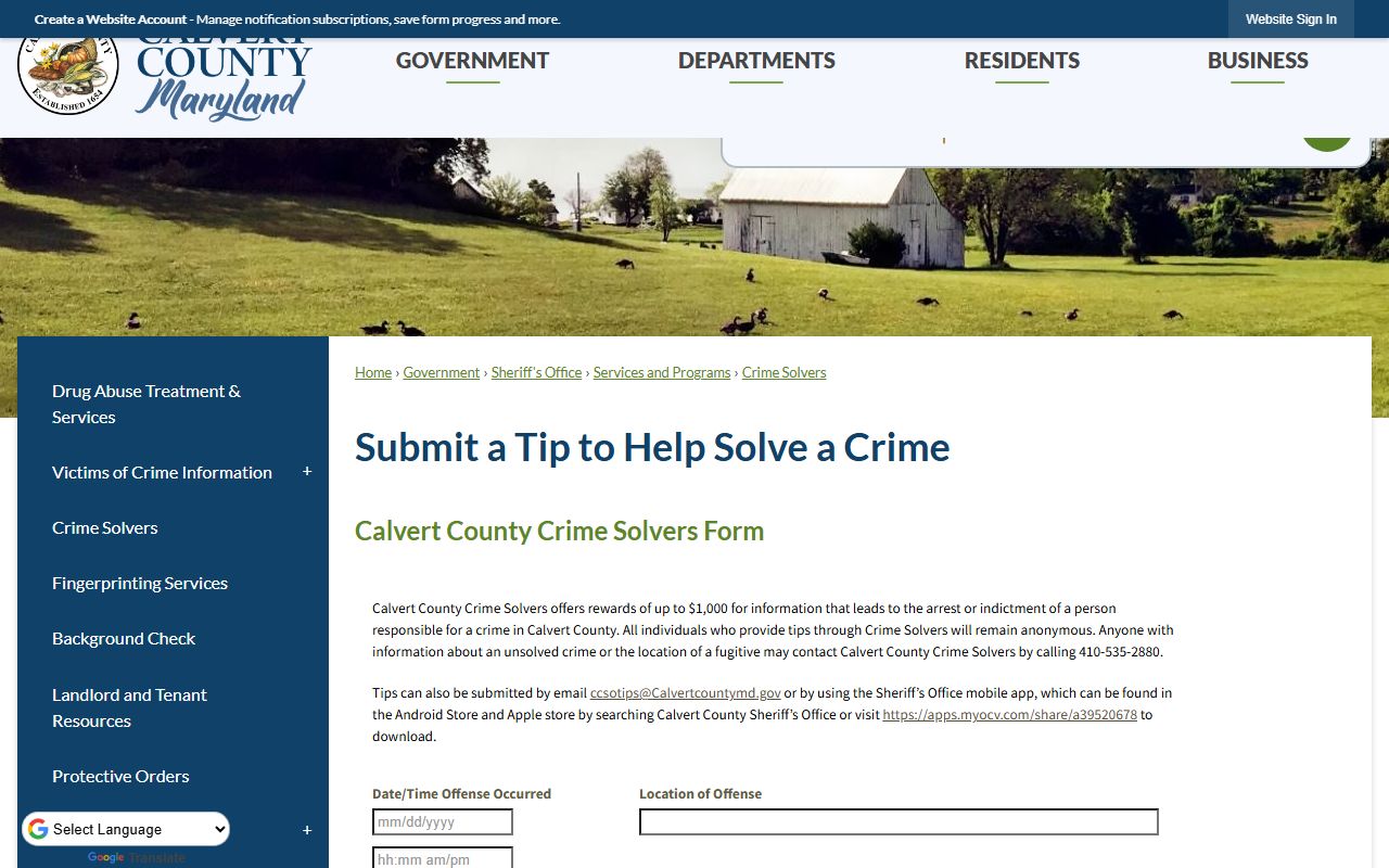 Calvert County warrant records Crime Solvers source