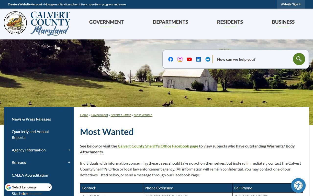 Calvert County warrant records Most Wanted source