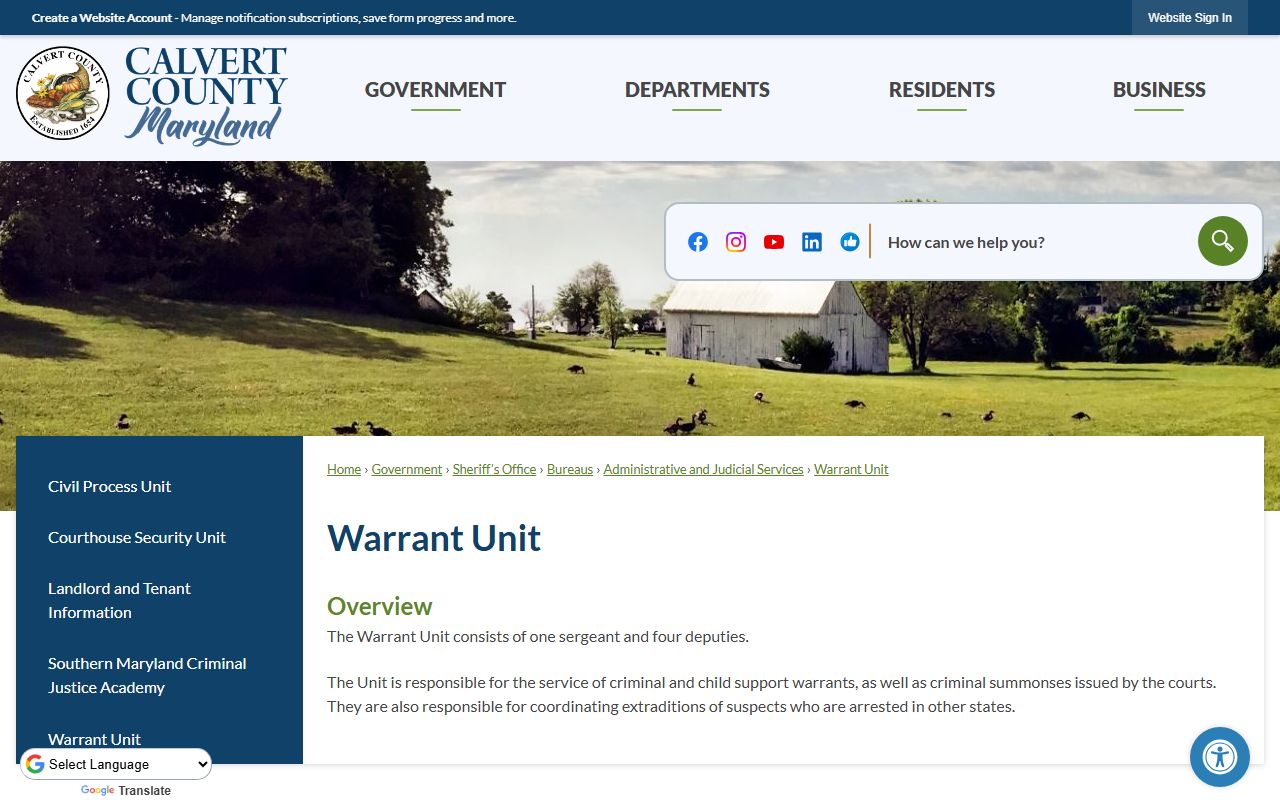 Calvert County warrant records Sheriff's Warrant Unit source